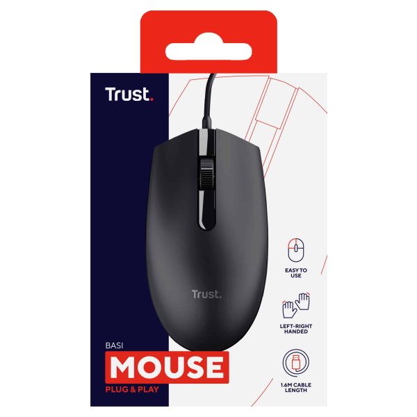 Trust Basi Bedrade Muis - Ambidextere muis – 3 knoppen – 1200 DPI – Zwart (24271)