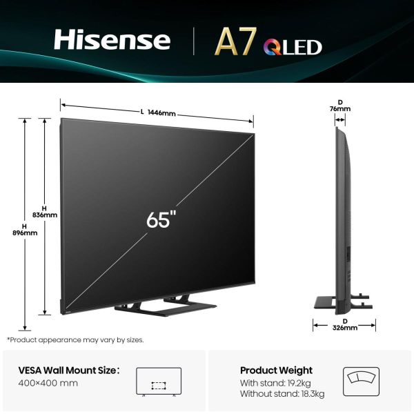 Hisense A7Q 65A7Q 165,1 cm (65") 4K Ultra HD Smart TV Wifi Zwart 400 cd/m² (20016065) Hisense A7Q 65A7Q 165,1 cm (65") 4K Ultra HD Smart TV Wifi Zwart 400 cd/m² (20016065)