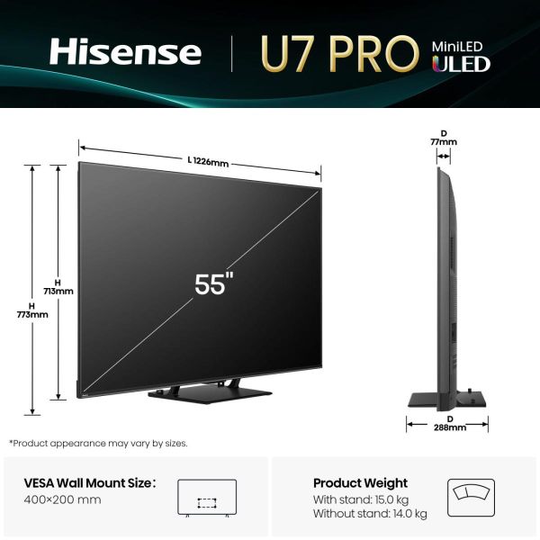 Hisense 55U7Q PRO 139,7 cm (55") 4K Ultra HD Smart TV Wifi Zwart 500 cd/m² (20016204) Hisense 55U7Q PRO 139,7 cm (55") 4K Ultra HD Smart TV Wifi Zwart 500 cd/m² (20016204)