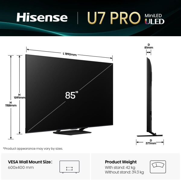 Hisense U7Q PRO 85U7Q PRO 2,16 m (85") 4K Ultra HD Smart TV Wifi Zwart 500 cd/m² (20016232) Hisense U7Q PRO 85U7Q PRO 2,16 m (85") 4K Ultra HD Smart TV Wifi Zwart 500 cd/m² (20016232)