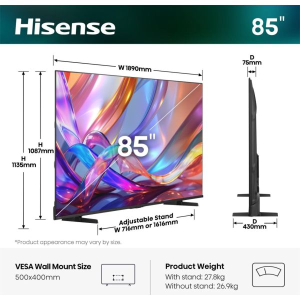 Hisense 85E7S 2,16 m (85") 4K Ultra HD Smart TV Wifi Zwart (85E7S) Hisense 85E7S 2,16 m (85") 4K Ultra HD Smart TV Wifi Zwart (85E7S)