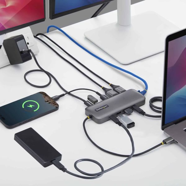 StarTech.com 10-in-1 USB-C naar Dual DisplayPort Multiport Adapter, 100W Power Delivery Charging, 2x 4K 60Hz, 5-Port 5Gbps Hub, Gigabit Ethernet, Type-C Mini Dock (189B-USBC-MULTIPORT)