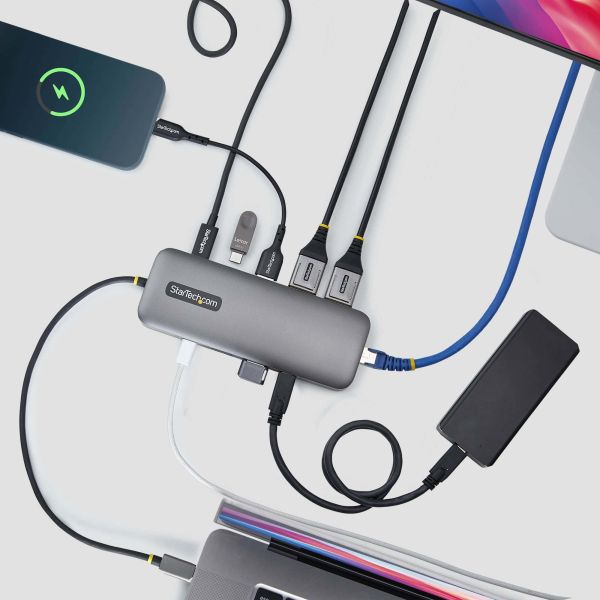 StarTech.com 10-in-1 USB-C naar Dual DisplayPort Multiport Adapter, 100W Power Delivery Charging, 2x 4K 60Hz, 5-Port 5Gbps Hub, Gigabit Ethernet, Type-C Mini Dock (189B-USBC-MULTIPORT)
