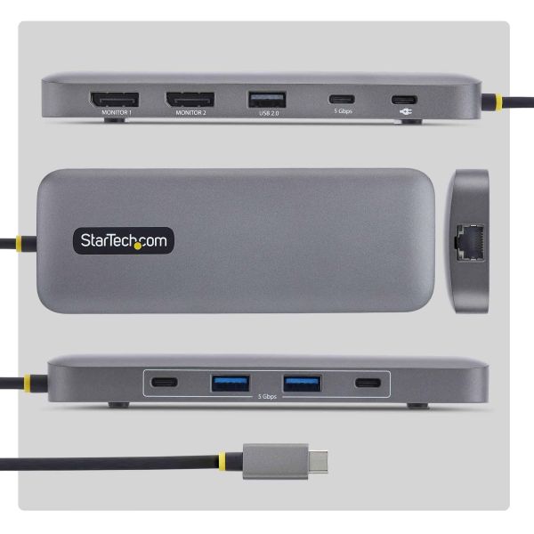 StarTech.com 10-in-1 USB-C naar Dual DisplayPort Multiport Adapter, 100W Power Delivery Charging, 2x 4K 60Hz, 5-Port 5Gbps Hub, Gigabit Ethernet, Type-C Mini Dock (189B-USBC-MULTIPORT)