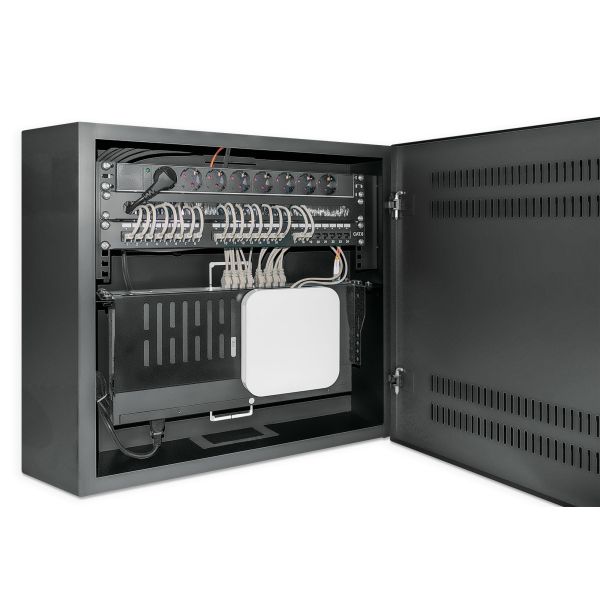 Intellinet Low-profile 19" wandkast met 4U horizontale en 2U verticale rails, slanke ruimtebesparende behuizing met slechts 170 mm diepte, ideaal voor AV/multimedia/surveillance, gemonteerd, zwart RAL 7021 (713689)