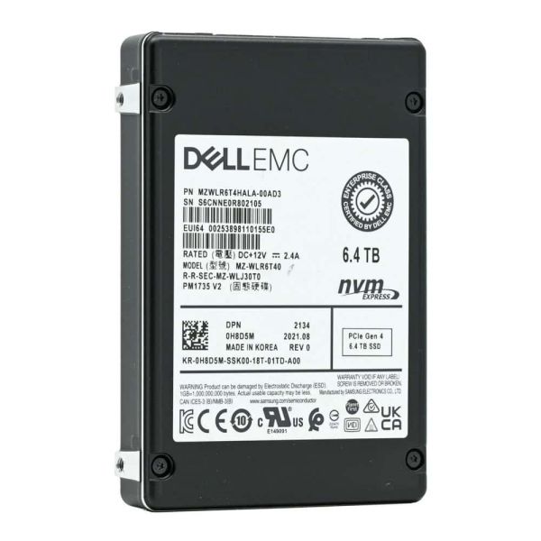 Dell PM1735 H8D5M MZWLR6T4HALA 6.4TB PCIe Gen 4.0 x4 8GB/s U.2 NVMe 3DWPD Mixed Use 2.5in Solid State Drive (H8D5M_NOTRAY)