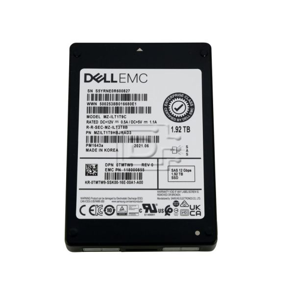 Dell G13 TMTW9 MZILT1T9HBJRAD3 1.92TB SAS 12Gb/s 1DWPD Read Intensive 2.5in Solid State Drive (TMTW9_G13)