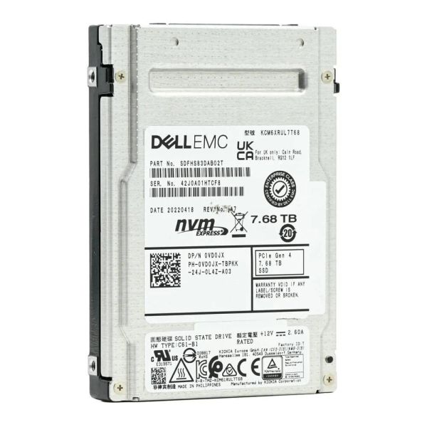 Dell CM6 VD0JX KCM6XRUL7T68 7.68TB PCIe Gen 4.0 x4 8GB/s U.2 NVMe 1DWPD Read Intensive 2.5in Solid State Drive (VD0JX_NOTRAY)