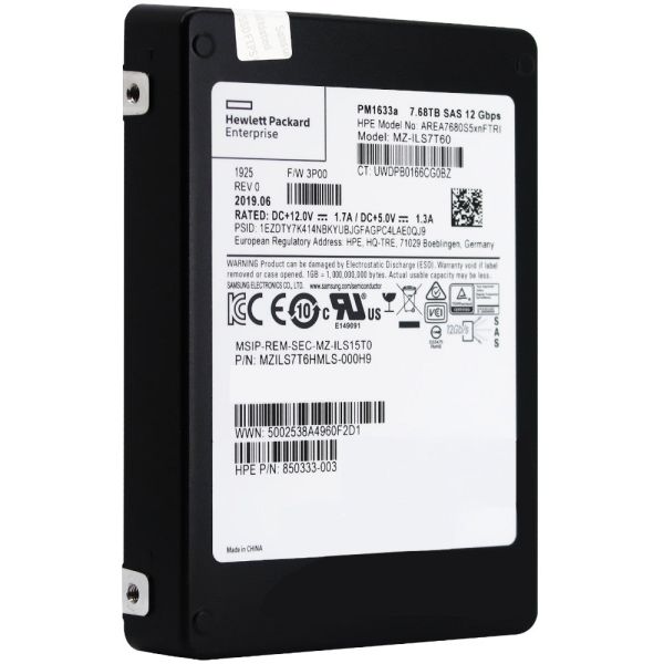 HP Generation 8 AREA7680S5xnNTRI 850333-001 7.68TB 1 DWPD SAS 12Gb/s 3D TLC 2.5in Solid State Drive (MZILS7T6HMLS)