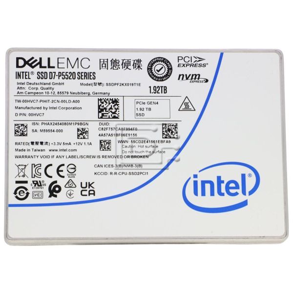 Intel P5500 SSDPF2KX019T9O 0WPP9G 1.92TB 1 DWPD PCIe 4.0 x4 8GB/s 3D TLC U.2 NVMe 2.5in Refurbished SSD (SSDPF2KX019T9E-REF)