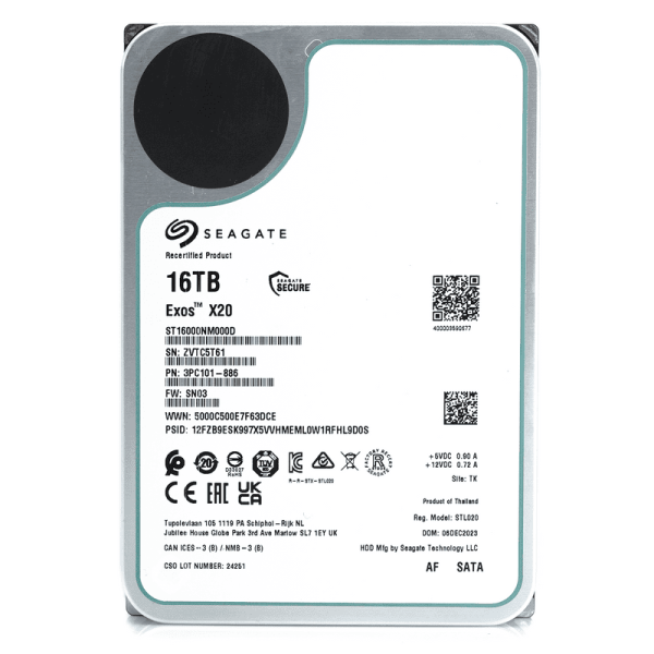 Seagate Exos X20 16TB 7.2K RPM SATA 3.5in Hard Drive (ST16000NM000D)