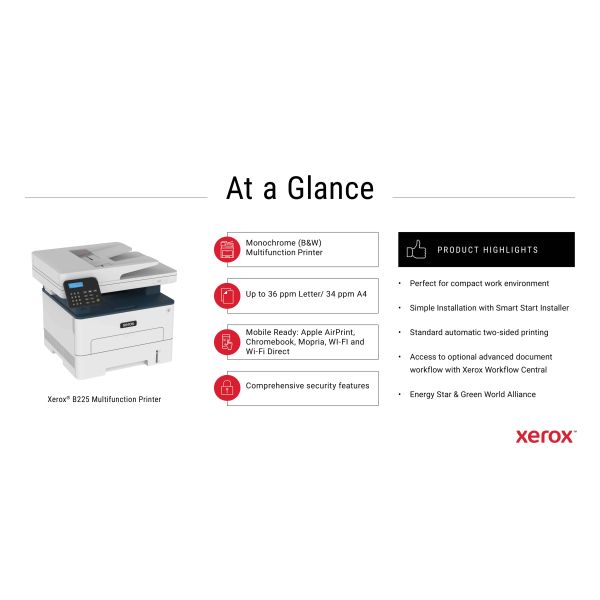 Xerox B225 A4 34 ppm draadloze dubbelzijdige printer PS3 PCL5e/6 ADF 2 laden totaal 251 vel (B225V_DNI)