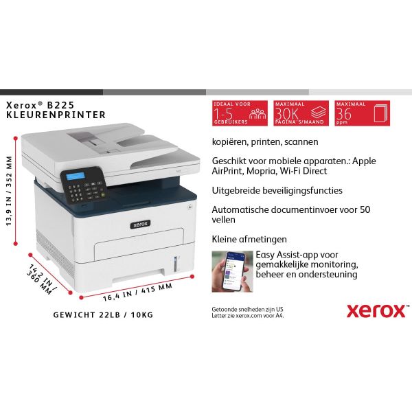 Xerox B225 A4 34 ppm draadloze dubbelzijdige printer PS3 PCL5e/6 ADF 2 laden totaal 251 vel (B225V_DNI)
