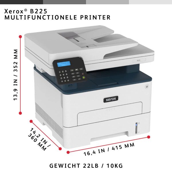 Xerox B225 A4 34 ppm draadloze dubbelzijdige printer PS3 PCL5e/6 ADF 2 laden totaal 251 vel (B225V_DNI)