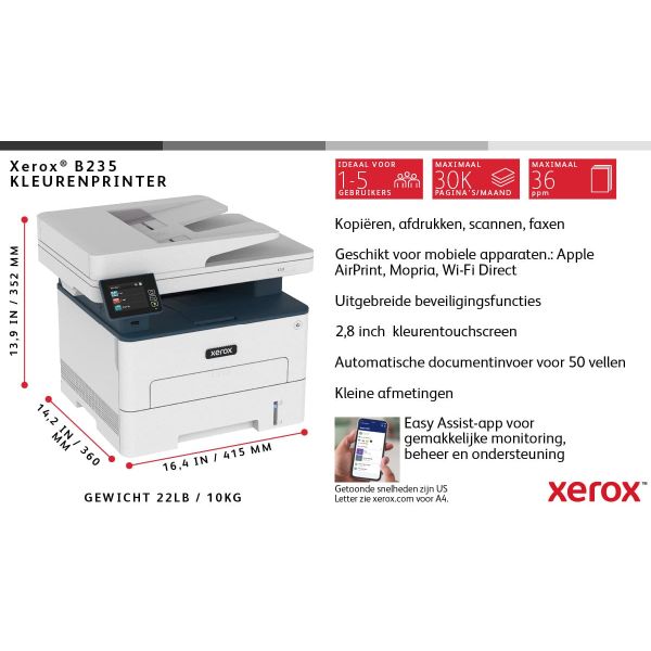 Xerox B235 A4 34 ppm draadloze dubbelzijdige printer PS3 PCL5e/6 ADF 2 laden totaal 251 vel (B235V_DNI)
