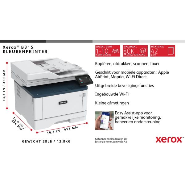 Xerox B315 A4 40 ppm draadloze dubbelzijdige printer PS3 PCL5e/6 2 laden totaal 350 vel (B315V_DNI)