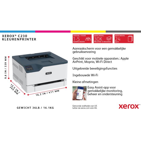 Xerox C230 A4 22 ppm draadloze dubbelzijdige printer PS3 PCL5e6/6 2 laden totaal 251 vel (C230V_DNI)