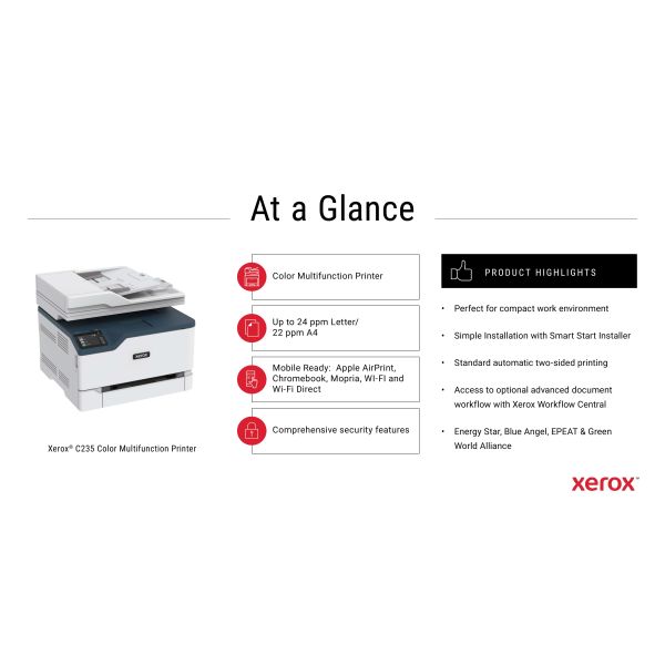 Xerox C235 A4 22ppm Wireless Duplex Copy/Print/Scan/Fax PS3 PCL5e/6 ADF 2 Trays Total 251 Sheets (C235V_DNI)