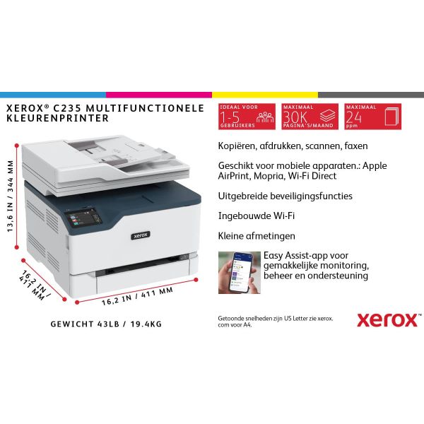 Xerox C235 A4 22ppm Wireless Duplex Copy/Print/Scan/Fax PS3 PCL5e/6 ADF 2 Trays Total 251 Sheets (C235V_DNI)