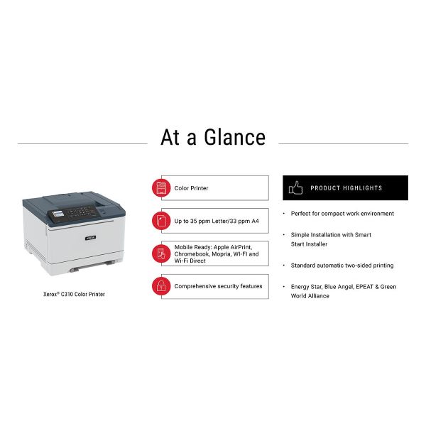 Xerox C310 A4 33 ppm draadloze dubbelzijdige printer PS3 PCL5e6/6 2 laden totaal 251 vel (C310V_DNI)