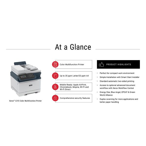 Xerox C315 A4 33 ppm draadloze dubbelzijdige printer PS3 PCL5e6/6 2 laden totaal 251 vel (C315V_DNI)