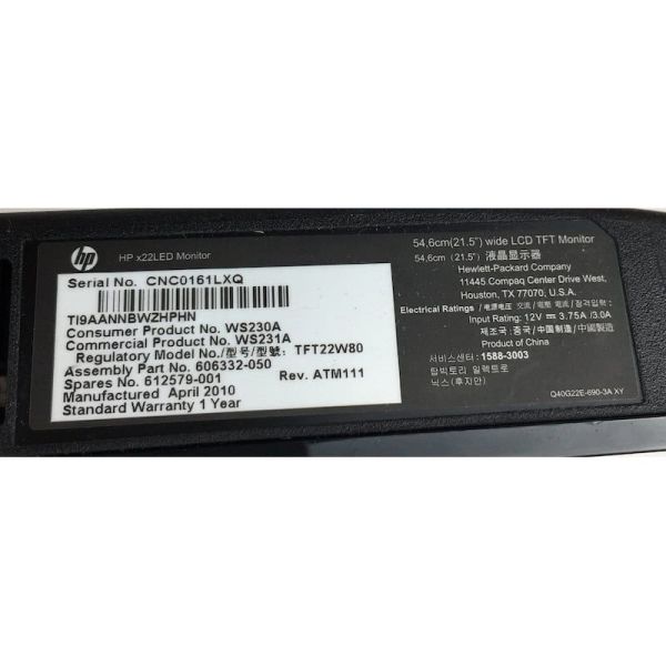 HP X22LED LCD Monitor Assembly (606332-050)