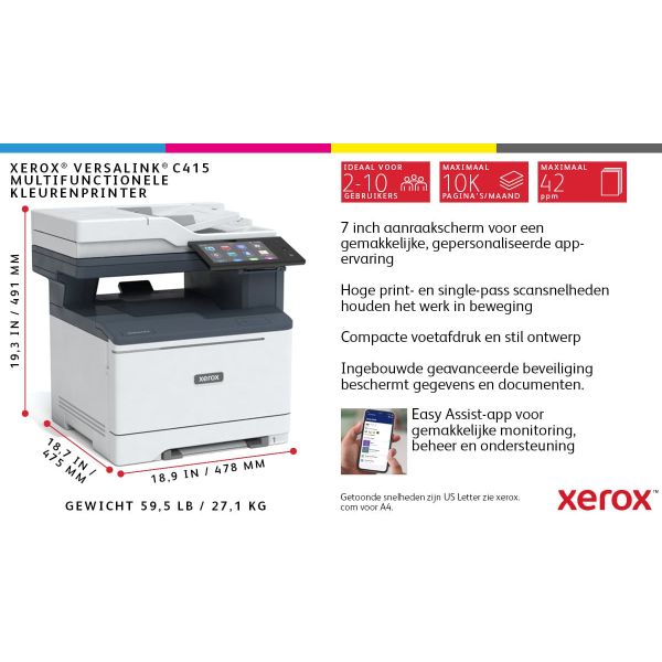 Xerox VersaLink C415 A4 40ppm Duplex Copy/Print/Scan/Fax kiezen Plus PS3 PCL5e/6 2 laden 251 vel (C415V_ZPM)
