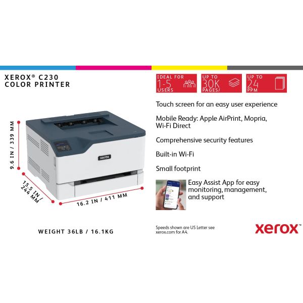 Xerox C230 A4 22 ppm draadloze dubbelzijdige printer PS3 PCL5e6/6 2 laden totaal 251 vel UK (C230V_DNIUK) Xerox C230 A4 22 ppm draadloze dubbelzijdige printer PS3 PCL5e6/6 2 laden totaal 251 vel UK (C230V_DNIUK)
