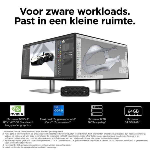 HP Z2 Mini G9 Intel® Core™ i7 i7-14700K 32 GB DDR5-SDRAM 1 TB SSD NVIDIA RTX A2000 Windows 11 Pro Mini PC Workstation AI Workstation Zwart