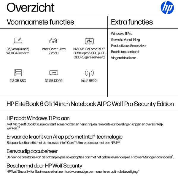 HP EliteBook 6 G1i AI Wolf Pro Security Edition Intel Core Ultra 7 255U Laptop 35,6 cm (14") WUXGA 32 GB DDR5-SDRAM 512 GB SSD Wi-Fi 7 (802.11be) Windows 11 Pro AI PC Zilver (A26ZFEA#ABH)