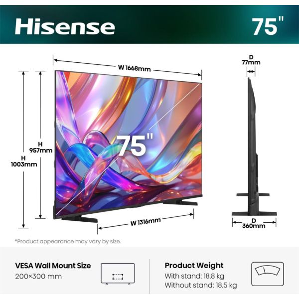 Hisense 75E7S 190,5 cm (75") 4K Ultra HD Smart TV Wifi Zwart 350 cd/m² (75E7S) Hisense 75E7S 190,5 cm (75") 4K Ultra HD Smart TV Wifi Zwart 350 cd/m² (75E7S)