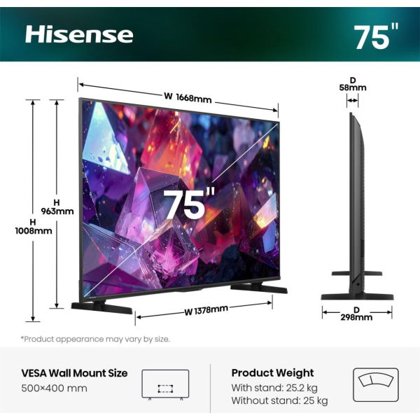 Hisense 75E7S PRO 190,5 cm (75") 4K Ultra HD Smart TV Wifi Zwart (75E7S PRO)