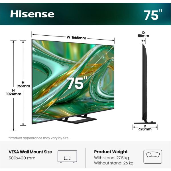 Hisense 75E8S 190,5 cm (75") 4K Ultra HD Smart TV Wifi Zwart (75E8S) Hisense 75E8S 190,5 cm (75") 4K Ultra HD Smart TV Wifi Zwart (75E8S)