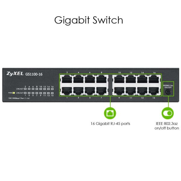 Zyxel GS1100-16 Unmanaged Gigabit Ethernet (10/100/1000) Zwart (GS1100-16-EU0101F)