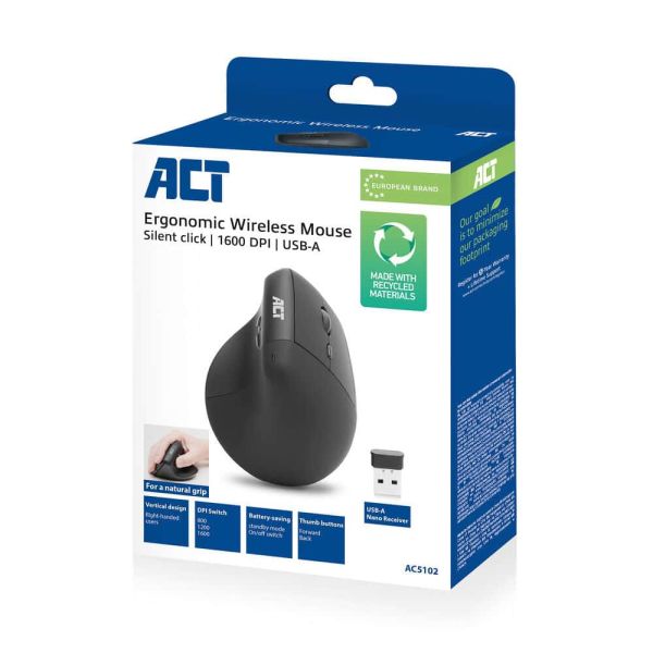 ACT Ergonomische draadloze muis 1600 DPI met verticale grip, gemaakt van gerecyclede materialen (AC5102)