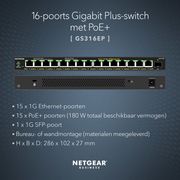 NETGEAR GS316EP Managed Gigabit Ethernet (10/100/1000) Power over Ethernet (PoE) Zwart (GS316EP-100PES)
