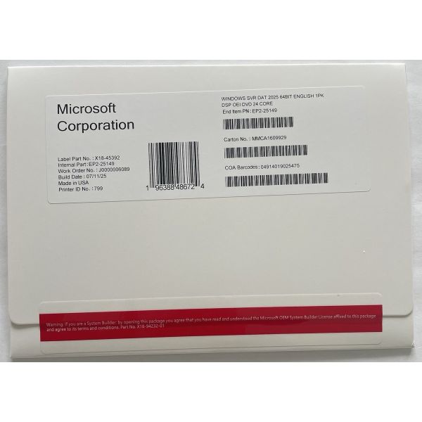 Microsoft Windows Server 2025 Datacenter 64Bit Pools 24 Core OEM (EP2-25174)