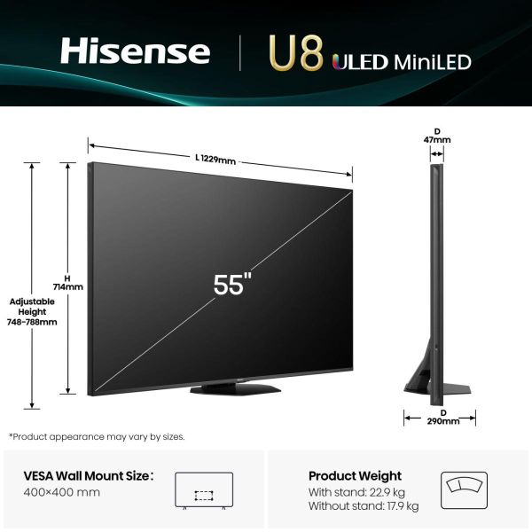 Hisense 55U8Q 139,7 cm (55") 4K Ultra HD Smart TV Wifi Zwart 700 cd/m² (55U8Q) Hisense 55U8Q 139,7 cm (55") 4K Ultra HD Smart TV Wifi Zwart 700 cd/m² (55U8Q)