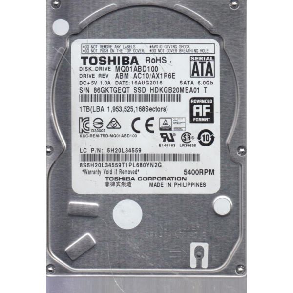 Toshiba MQ01ABD 1TB 2.5" SATA HDD 5400RPM 8MB Cache (HDKGB20MEA01)