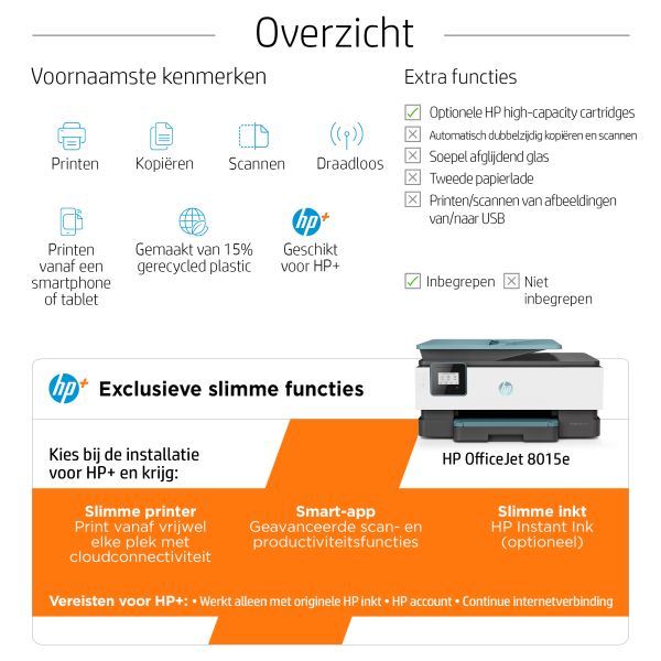HP OfficeJet 8015e Draadloos All-in-One Kleur Printer, Instant Ink; Dubbelzijdig printen (228F9B#629) HP OfficeJet 8015e Draadloos All-in-One Kleur Printer, Instant Ink; Dubbelzijdig printen (228F9B#629)