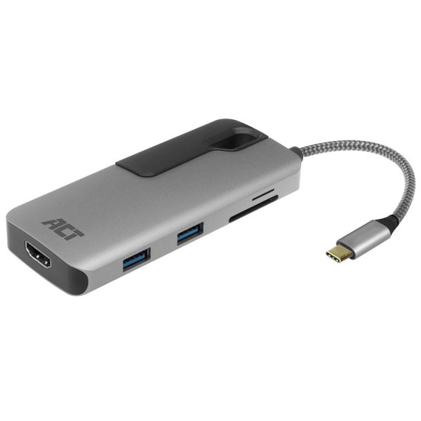 ACT AC7021 USB-C naar HDMI female adapter met PD Pass-Through, 4K, USB-A , USB-C port, kaartlezer (AC7021)