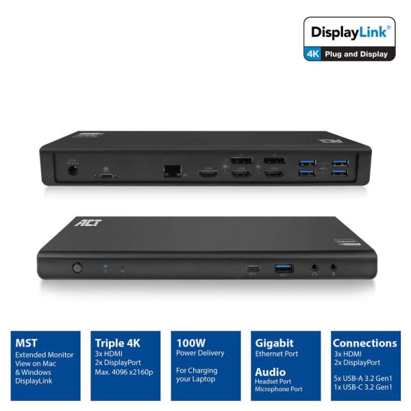 ACT AC7048 notebook dock & poortreplicator Bedraad USB 3.2 Gen 1 (3.1 Gen 1) Type-C Zwart (AC7048)