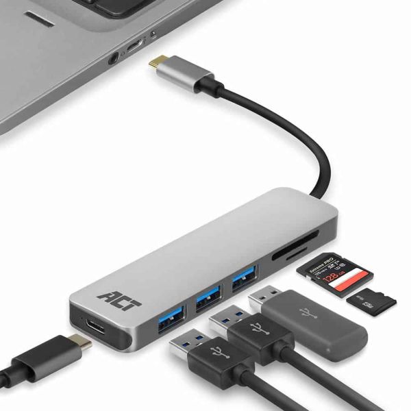 ACT AC7050 3-Poorts USB-C 3.2 Gen1 (USB 3.0) Hub met kaartlezer en PD Pass-Through poort (AC7050)
