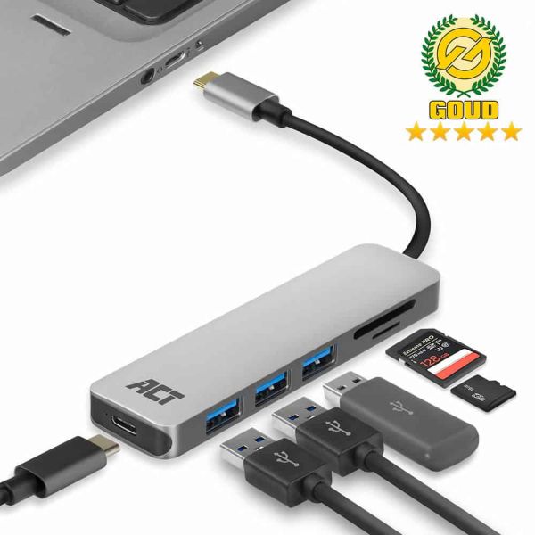 ACT AC7050 3-Poorts USB-C 3.2 Gen1 (USB 3.0) Hub met kaartlezer en PD Pass-Through poort (AC7050)