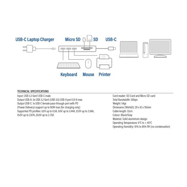 ACT AC7050 3-Poorts USB-C 3.2 Gen1 (USB 3.0) Hub met kaartlezer en PD Pass-Through poort (AC7050)