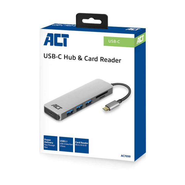 ACT AC7050 3-Poorts USB-C 3.2 Gen1 (USB 3.0) Hub met kaartlezer en PD Pass-Through poort (AC7050)