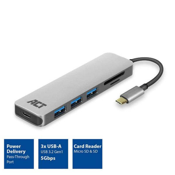 ACT AC7050 3-Poorts USB-C 3.2 Gen1 (USB 3.0) Hub met kaartlezer en PD Pass-Through poort (AC7050)