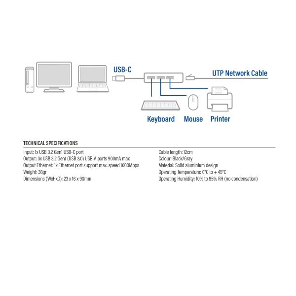 ACT AC7055 3-Poorts USB-C 3.2 (USB 3.0) Hub met Gigabit ethernet poort (AC7055)
