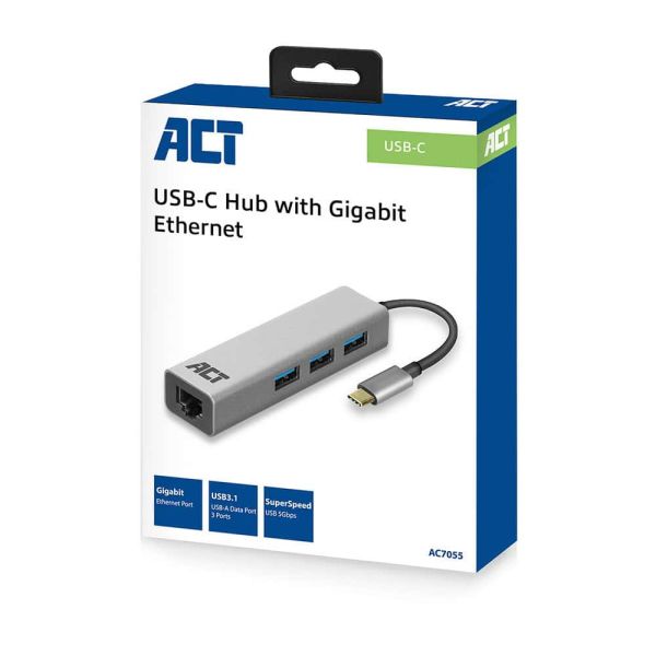 ACT AC7055 3-Poorts USB-C 3.2 (USB 3.0) Hub met Gigabit ethernet poort (AC7055)
