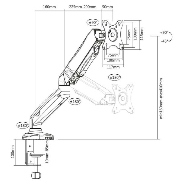 ACT Monitorarm office met gasveer, 1 scherm (AC8311)